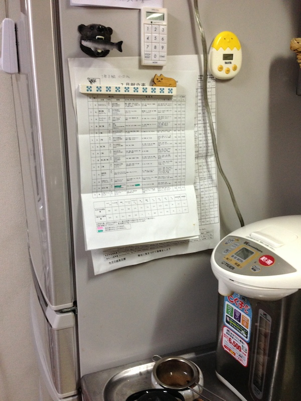 横に置いた電気ポットもほのかに熱くなっており、冷蔵庫の放熱に悪影響を与えていると考えられるため、撤去することにした(ホントは貼ってある紙類も良くないだろう)