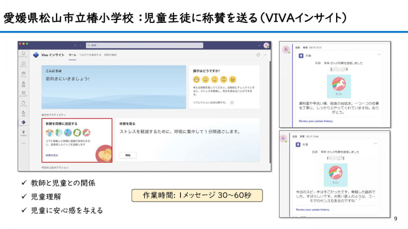 絵文字やメッセージで互いに称賛を送る「VIVAインサイト」。児童生徒と教員の関係構築を助け、子どもたちに安心感を与える
