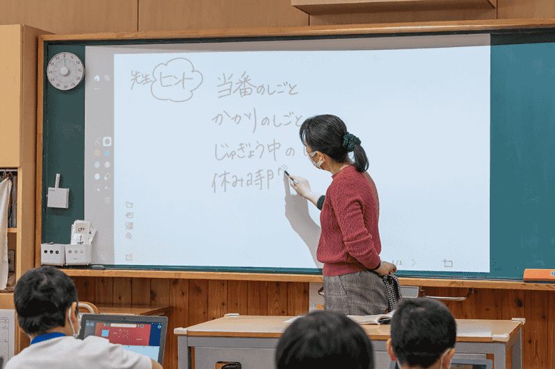 電子黒板で何をどのように見せるのか、そのために最低限必要なスキルは何かを厳選し、教員研修に落とし込んだ