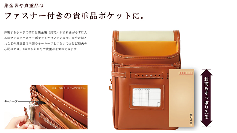 茶封筒を折れずに収納できるほか、鍵をキーループで付けられる（公式サイトより）