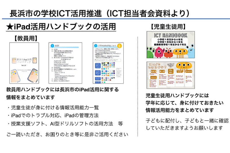 教員用と児童生徒用のiPad活用ハンドブックを用意