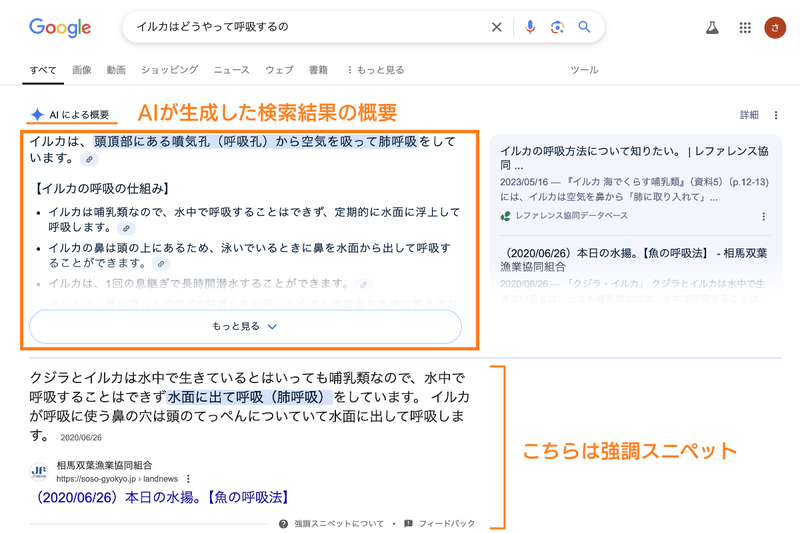 「イルカはどうやって呼吸するの」というキーワードで検索すると「AIによる概要」が表示された