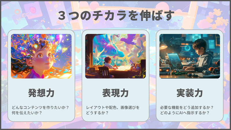 伝わる魅力的なコンテンツづくりには、AIの力を借りて「発想力」「表現力」「実装力」を伸ばすことが大切