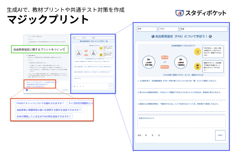 生成AIが教材プリントや小テストを作成する「マジックプリント」