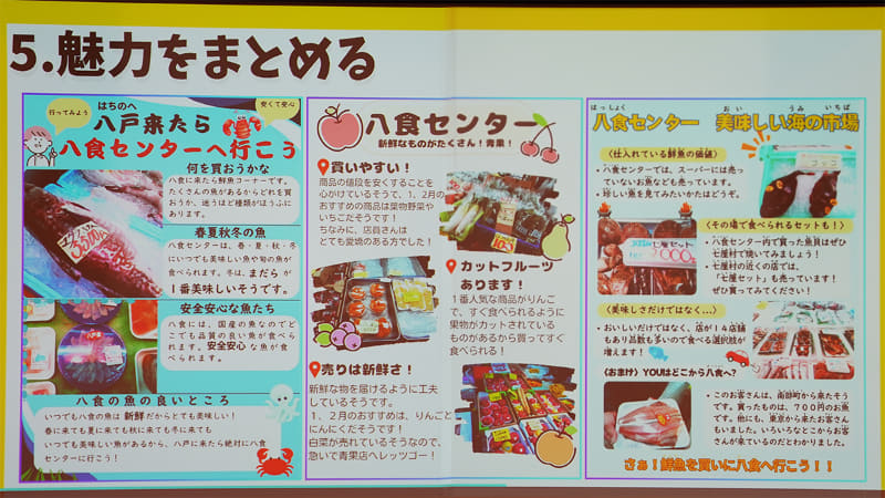 児童らがまとめた、八食センターの魅力を伝えるポスター