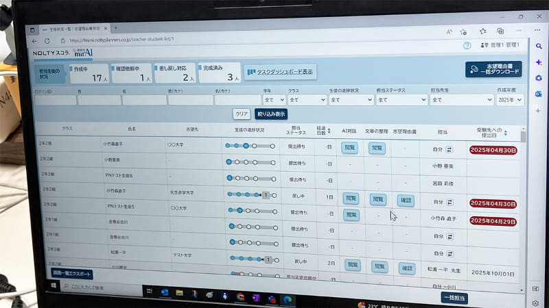 管理画面で進ちょく状況の確認が可能
