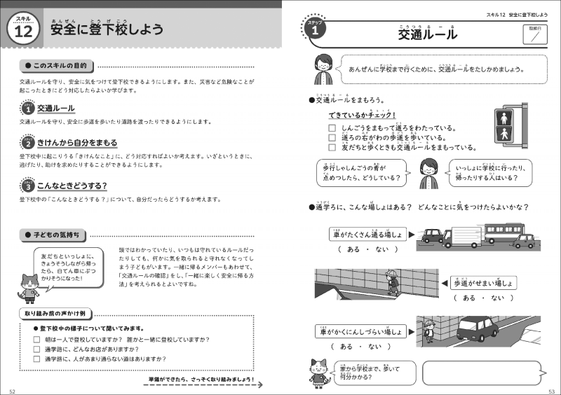 スキルの目的や子供の気持ち、取り組み前の声かけ例のほか、「ステップ1」～「ステップ3」のワークを掲載