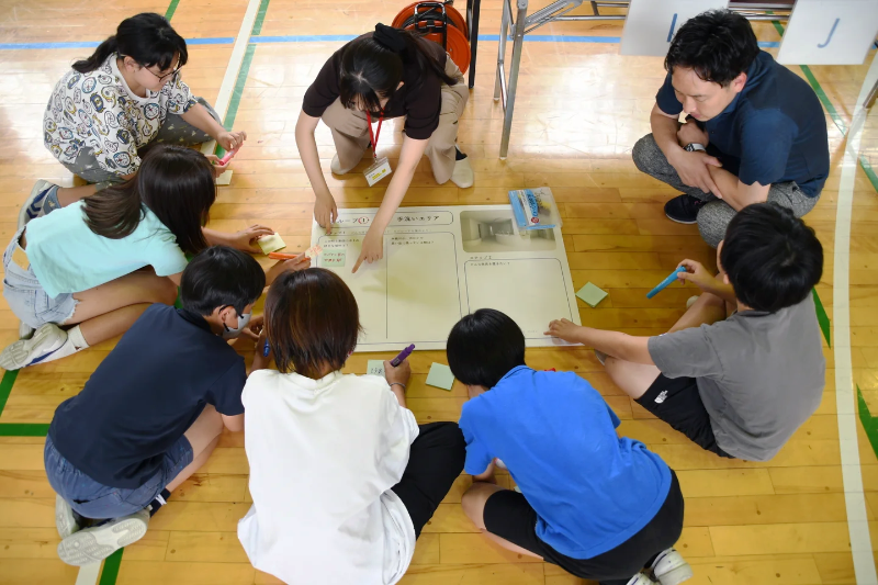 イメージを作成するため「東四つ木の好きな場所」や「学校の思い出」などのキーワードを付せんに書き出し