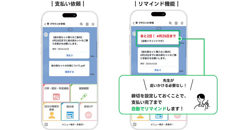 教職員専用の管理画面で、支払い依頼・リマインド設定・支払い状況の確認が可能