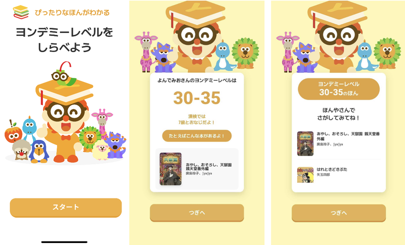 選択式の質問に回答して、子供の「読む力」を判定。判定されたレベルに基づいておすすめの本を紹介