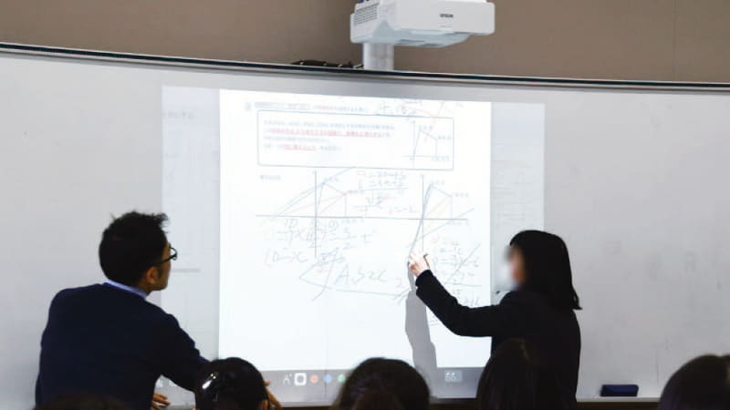 生徒が問題を解く過程を「ペンストローク機能」で記録し、10倍速で再生。解き方を全員で共有する