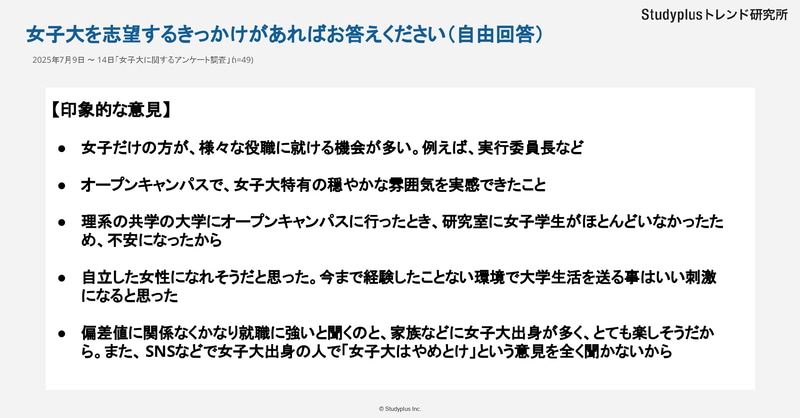 オープンキャンパスでの印象やキャリア観を挙げる自由回答が多数