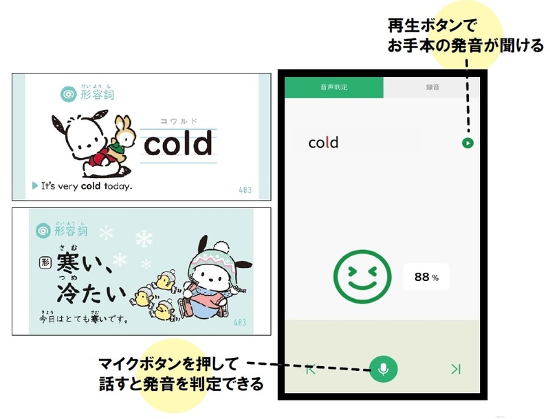専用アプリで単語と例文のリスニング＆発音練習が可能