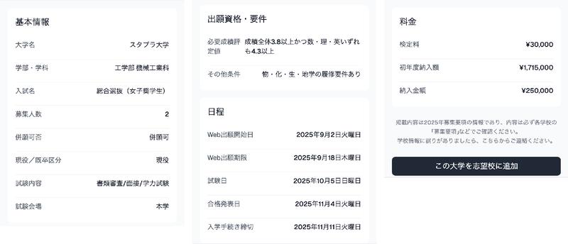 大学の基本情報や出願資格・要件、検定料・学費を確認できる