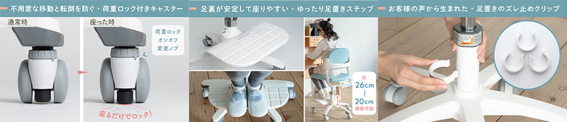（左）不用意な動きを防ぐ「荷重ロック付きキャスター」、（中）足裏をしっかり支える「ゆったり足置きステップ」、（右）足置きのズレを防ぐ「ズレ止めクリップ」
