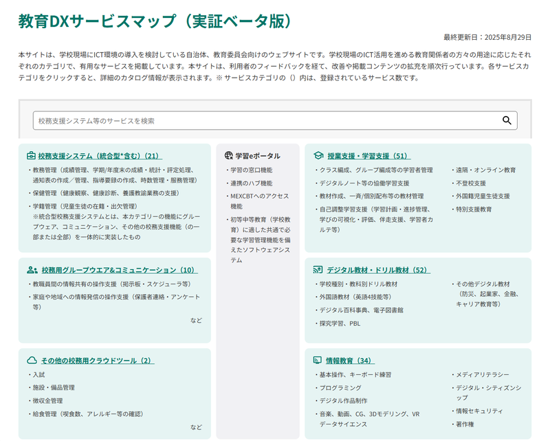 ICT環境の導入を検討している自治体や教育委員会向けのWebサイト「教育DXサービスマップ（実証ベータ版）」