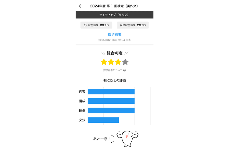 英検の4観点（内容・構成・語彙・文法）に基づき、旺文社独自の基準で評価