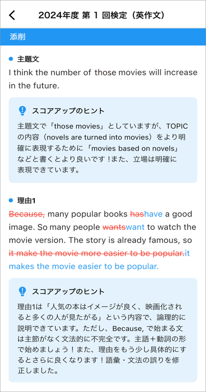 ユーザーの解答に対する修正案やスコアアップのヒントを提供