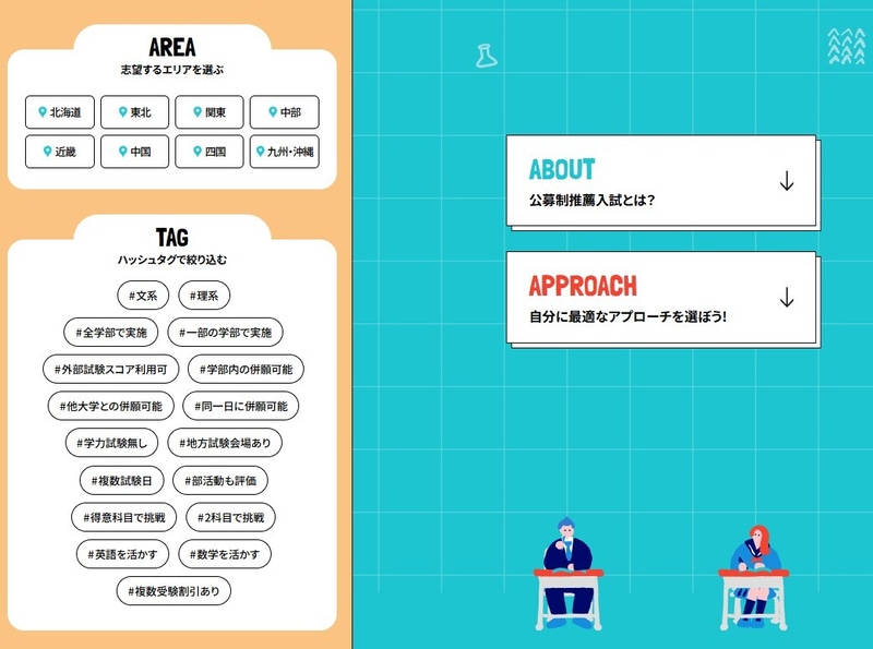 志望するエリアやハッシュタグを選んで大学を絞り込み、公募制推薦入試のポイントを確認できる