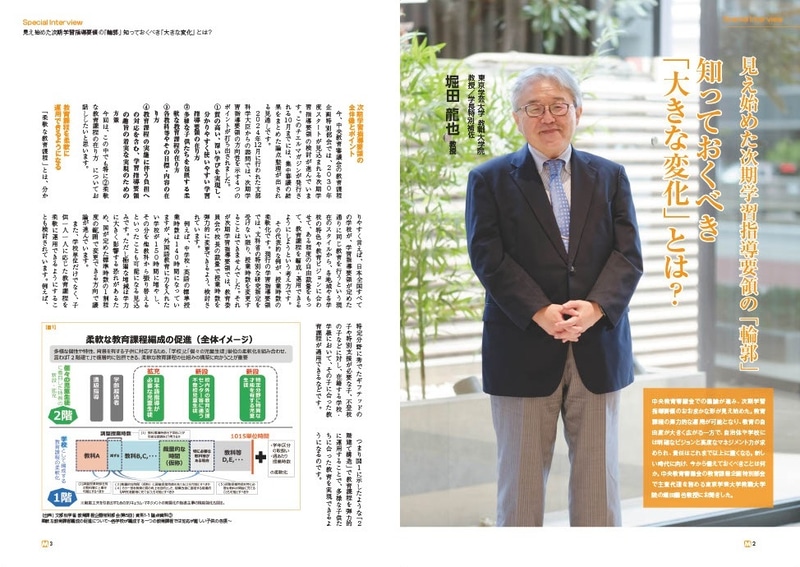 小学校・中学校版の巻頭スペシャルインタビューで、東京学芸大学教職大学院の堀田龍也教授/学長特別補佐が「多様な子供たちを包摂する柔軟な教育課程のあり方」を紹介