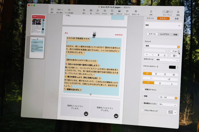 Pagesの「フォーマット」で文字サイズなどを調整