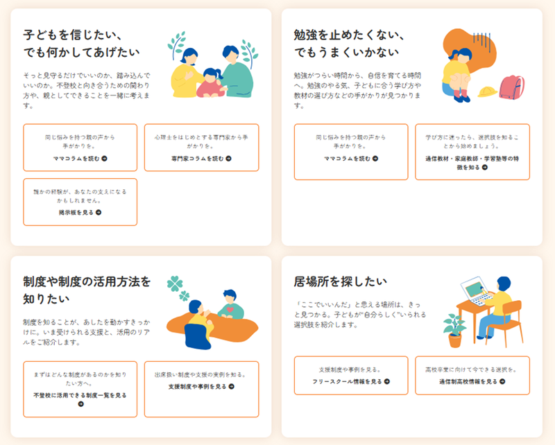 制度・学び・居場所の3分野などから知りたい情報を探せる