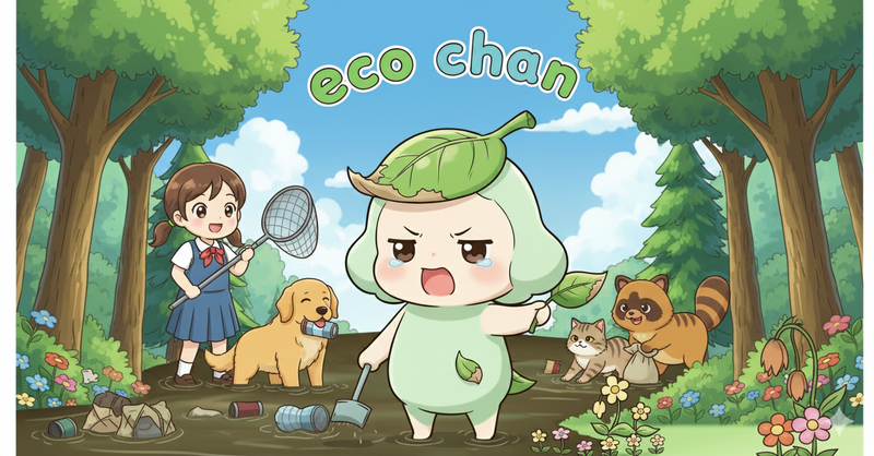 Geminiで生成。プロンプトは「<span class="em italic color gray">エコちゃんと友だちと一緒に川掃除をしている場面。友達は人間、いぬ、ねこ、たぬき。エコちゃんのキャラと景色はそのまま。表情はがんばる。</span>」