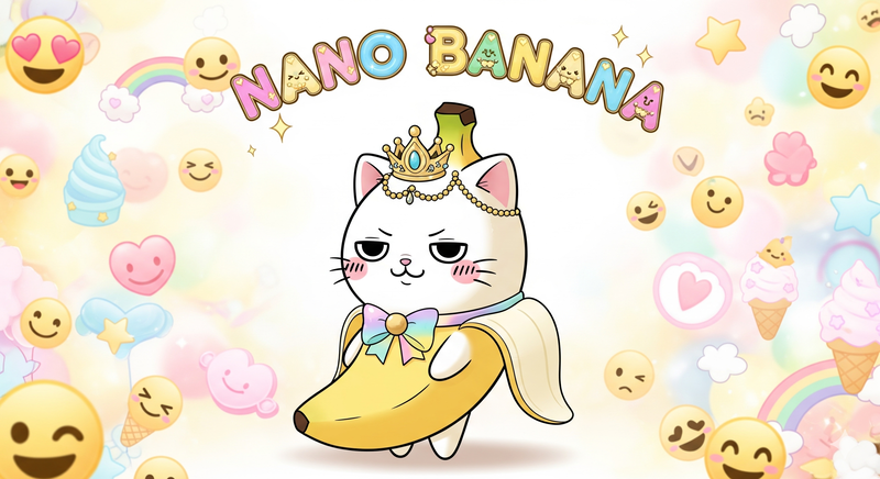 Geminiで画像生成。プロンプトは以下の通り<br>「<span class="em italic color gray">バナナねこのかわいいキャラデザ。守りたくなるような愛らしさがある日本のゆるキャラを想起させる小学校5年生の女の子がかわいいと言ってくれるようなデザイン。デフォルメされたミニマリズムでファンシーとゆめかわ。キャラの表情はどや顔。背景は絵文字が溢れていたりしてかわいい世界観であふれている。上にはNano Bananaとかわいく書かれたポップでファンシーなフォント。横長で生成して。</span>」