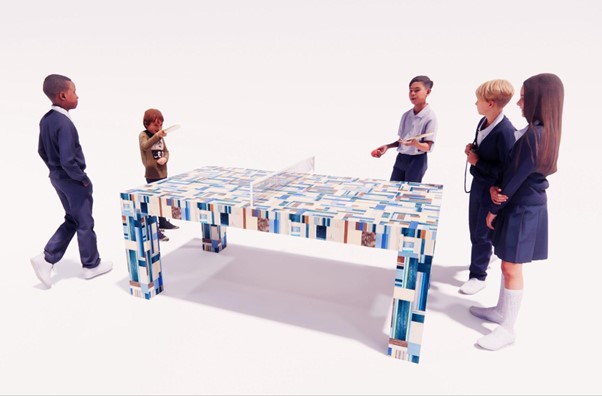 余材で構成した「パズルのような卓球台」を使い、打ち合い（ラリー）の中で素材の価値を見いだす検証を実施