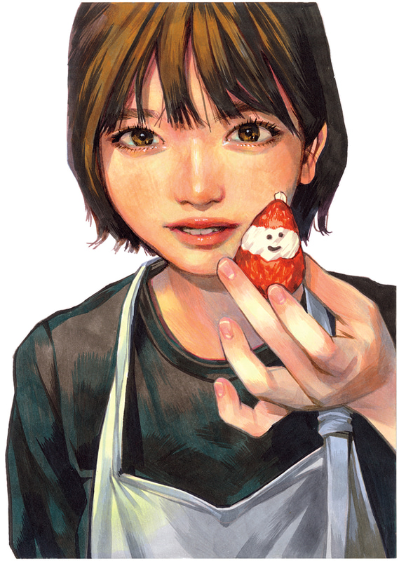 ちょむ氏は、主にコピック（アルコールマーカー）と色鉛筆を用いたアナログ技法で作品を制作