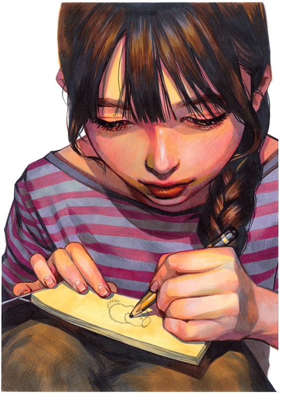 ちょむ氏は、主にコピック（アルコールマーカー）と色鉛筆を用いたアナログ技法で作品を制作