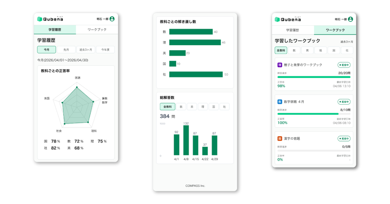 ［学習履歴］タブと［ワークブック］タブの開発中画面