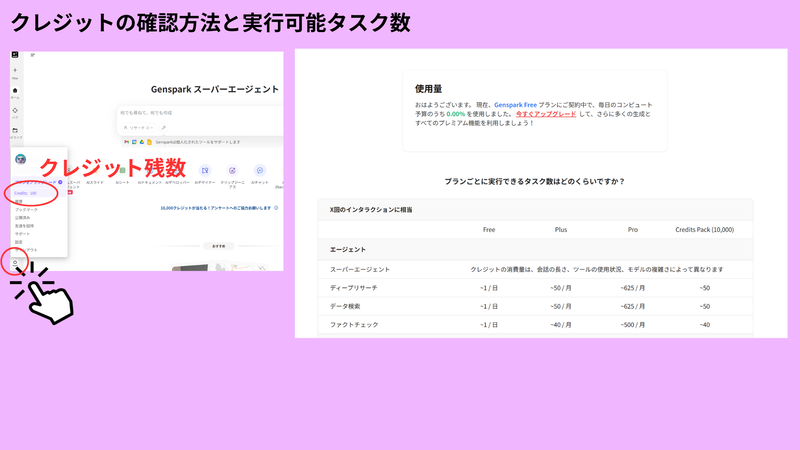 クレジットの確認方法と実行可能タスク数（画像：筆者提供）