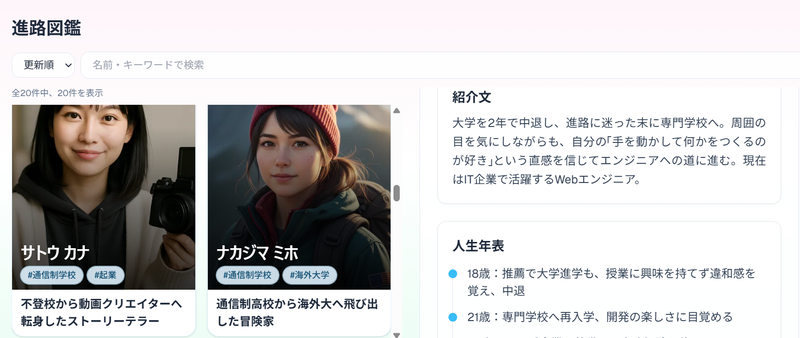 さまざまな進路を歩んだ先輩の体験談を閲覧できる「進路図鑑」