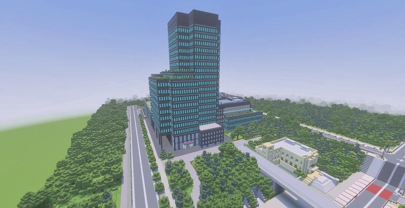 マインクラフトで作成した、DNP市谷加賀町ビルのイメージ