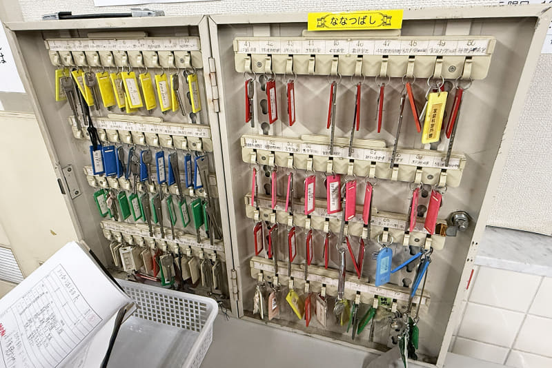 教室や特別教室の鍵がぎっしり掛けられた「キーボックス」もリアル（撮影：編集部）