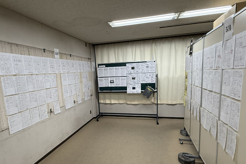 壁一面に貼られた学級日誌と、生徒3人分の生活ノート