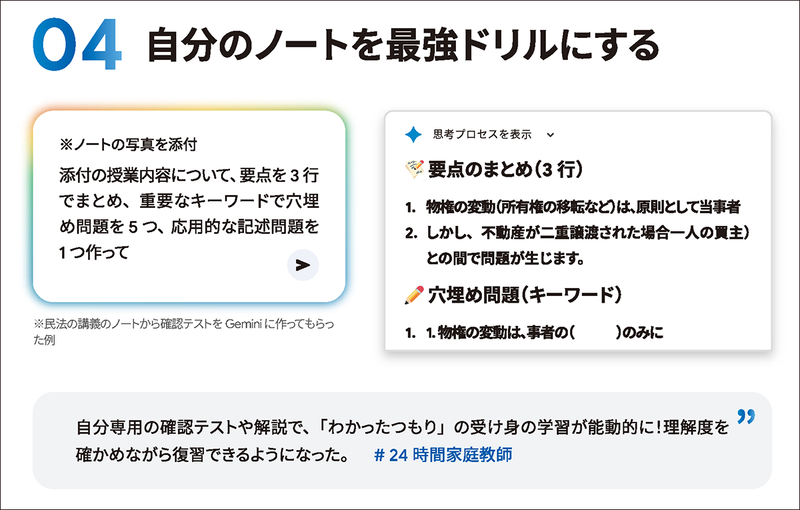 ノートをドリルにするためのプロンプト例を紹介（出典：Google「大学生のためのAI活用アイデア集」より）