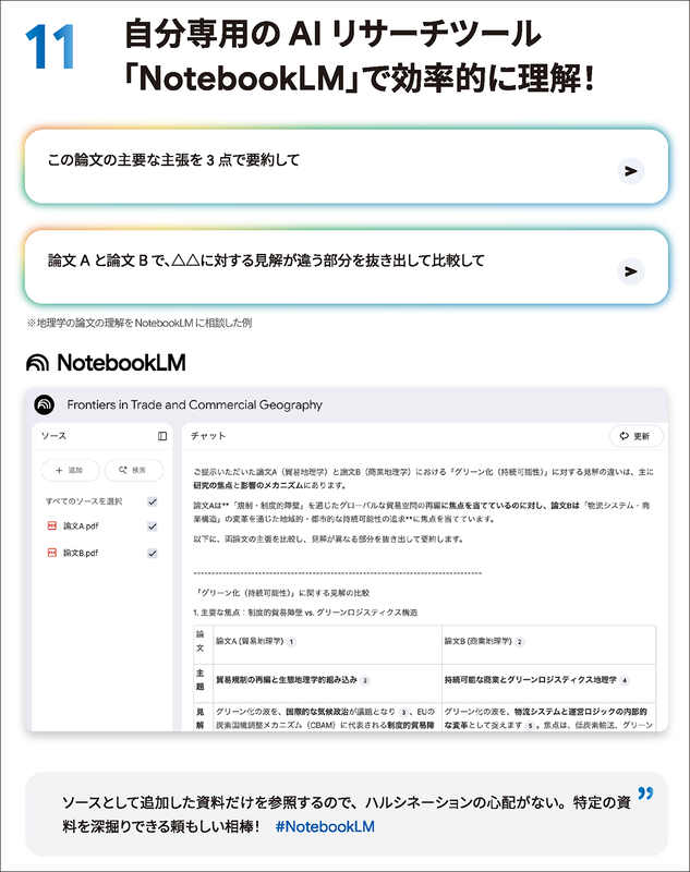 NotebookLMを利用した論文比較方法がわかる（出典：Google「大学生のためのAI活用アイデア集」より）