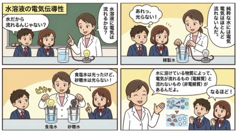「水溶液の電気伝導性」をマンガで説明した教材例（出典：スタディポケット株式会社）