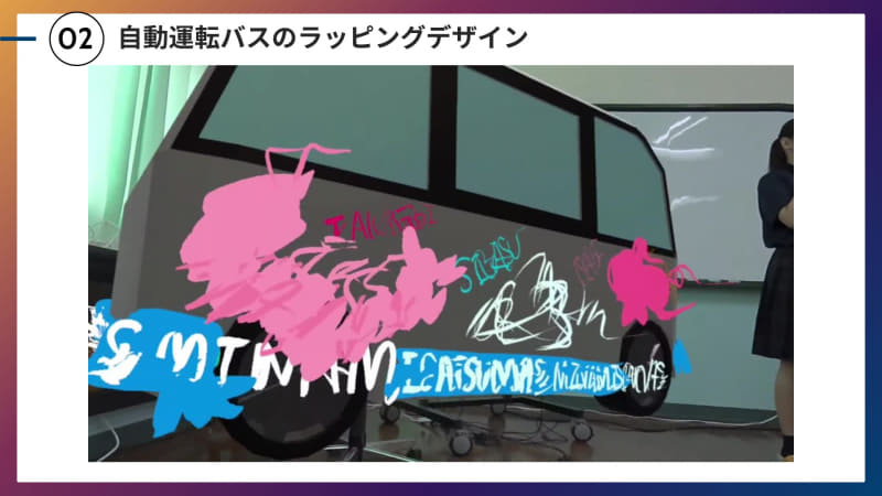 バーチャル空間の実寸大バスにデザインを描き込みアイデアを膨らませる