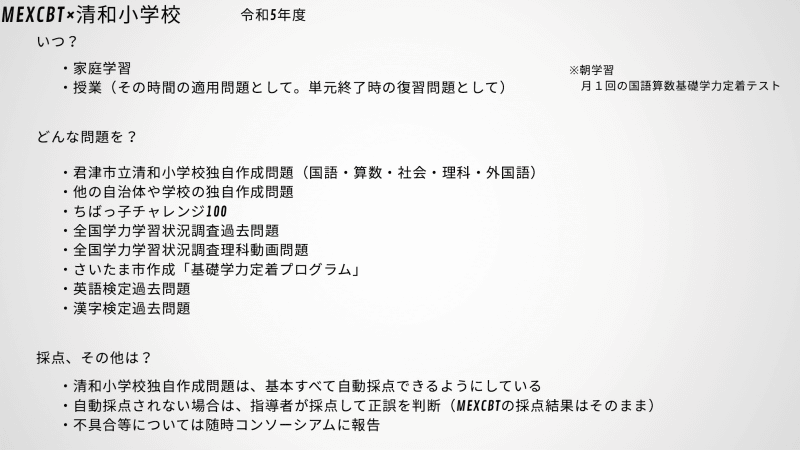 君津市立清和小学校で実施した、MEXCBT搭載問題や独自作成問題の活用実践（出典：君津市教育委員会 スライド資料より）
