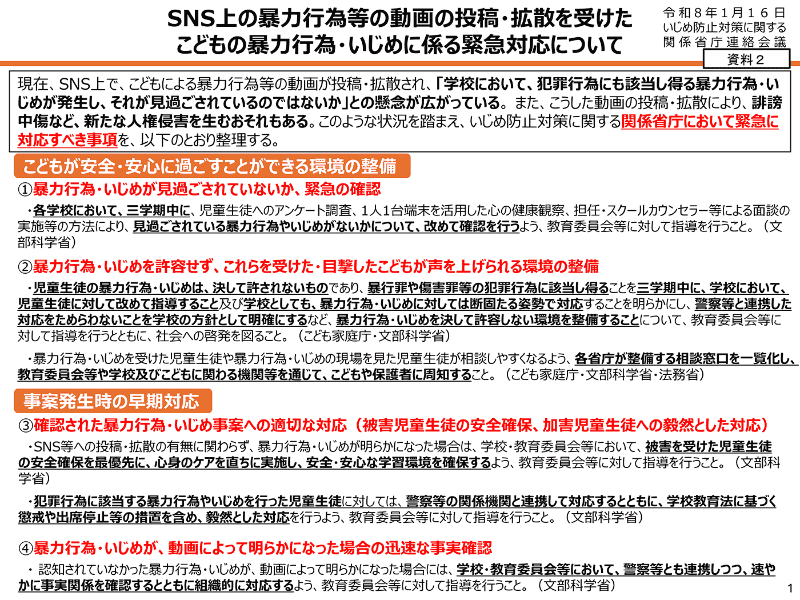 SNS上の暴力行為等の動画の投稿・拡散を受けたこどもの暴力行為・いじめに係る緊急対応について（出典：<a href="https://www.cfa.go.jp/assets/contents/node/basic_page/field_ref_resources/19c4af12-fb81-49ff-9d99-f455004c302c/91bad4e7/20260116_councils_ijime-kaigi_19c4af12_03.pdf">こども家庭庁 令和8年1月16日 いじめ防止対策に関する関係省庁連絡会議</a>）
