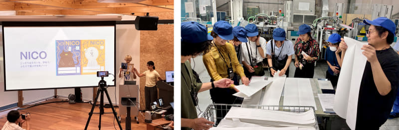 （左）商品企画ピッチで学生が製品を紹介、（右）コクヨ工業滋賀で試作品を確認