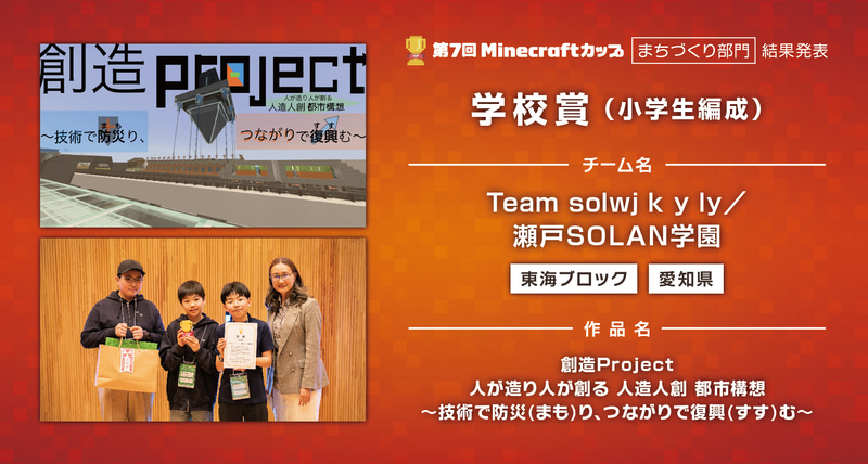 <a href="https://minecraftcup.com/works/workarticle/?work_id=5970">創造Project 人が造り人が創る 人造人創 都市構想 ～技術で防災（まも）り、つながりで復興（すす）む～</a>
