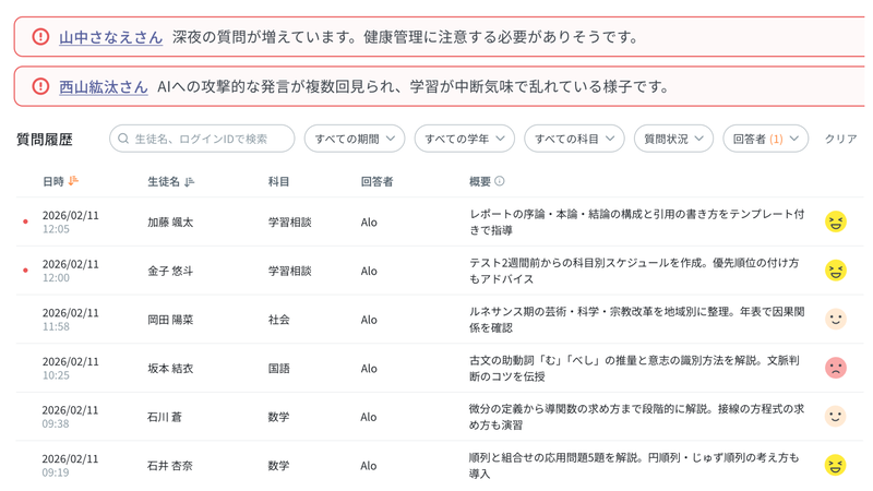生徒の学習状況を一覧で確認