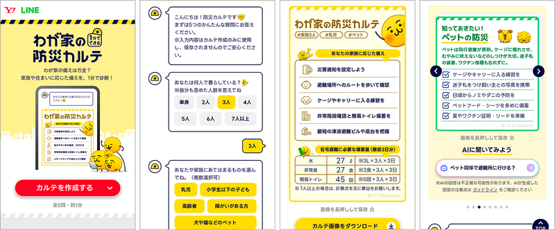 家族や住まいに応じた備えを診断する「わが家の防災カルテ」（出典：LINEヤフー株式会社のWebページ）