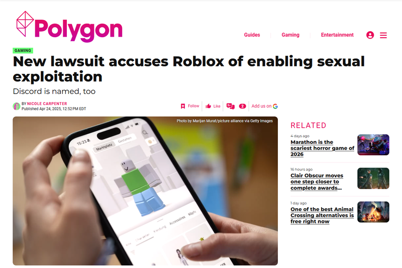 <a href="https://www.polygon.com/gaming/564229/roblox-sexual-exploitation-lawsuit/">「New lawsuit accuses Roblox of enabling sexual exploitation」</a>（出典：PolygonのWebページ）