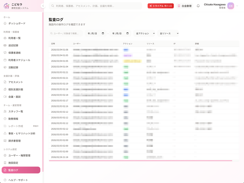 全操作ログを記録し、万が一の際も迅速な状況把握が可能