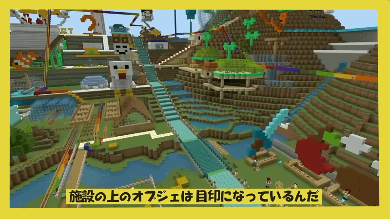 施設の上に巨大オブジェを目印として配置。壁や天井を透明にして、必要なものをすぐに見つけられるよう工夫（出典：マイクラカップ公式YouTube）